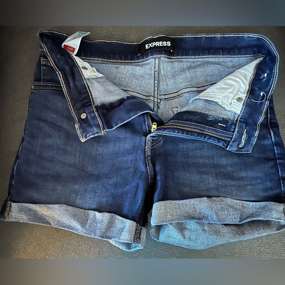 Express midi high rise jean shorts